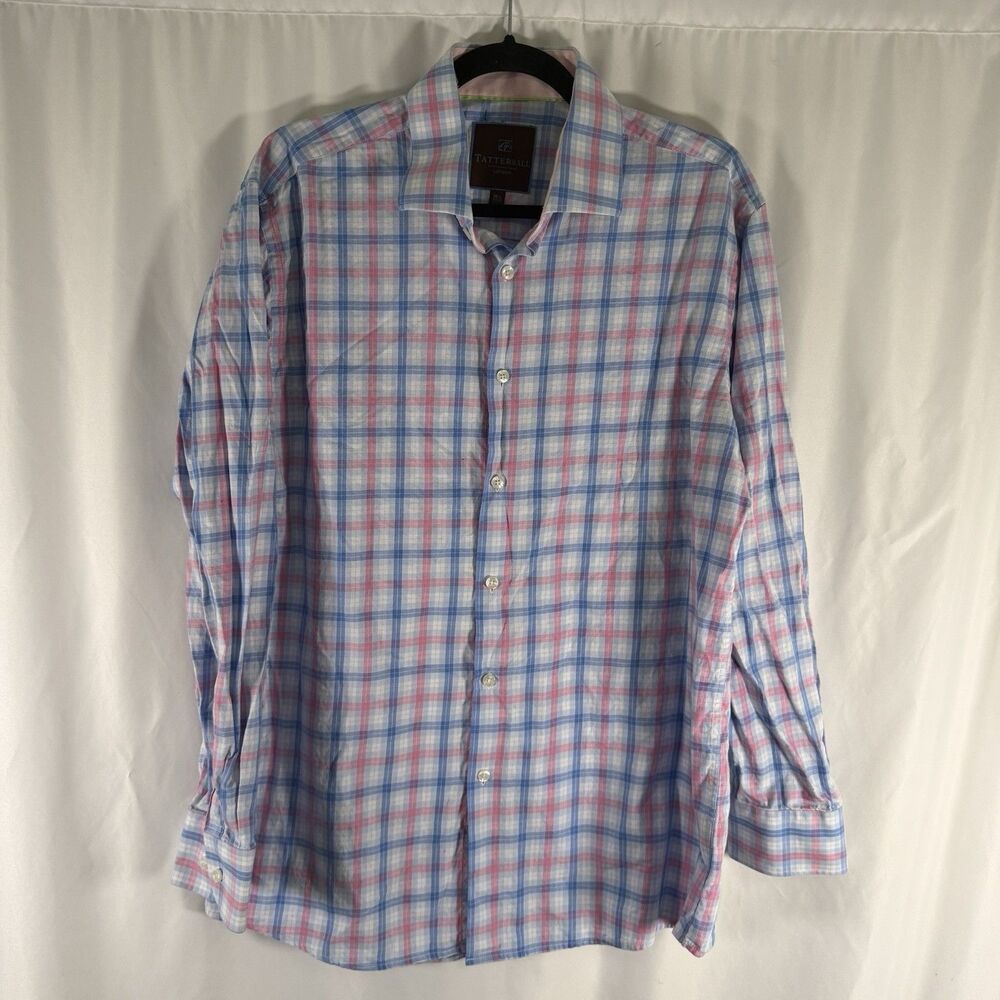 Tattersall Dress Shirt Men's 16.5 Blue Pink Plaid Long Sleeve Button Up Collared